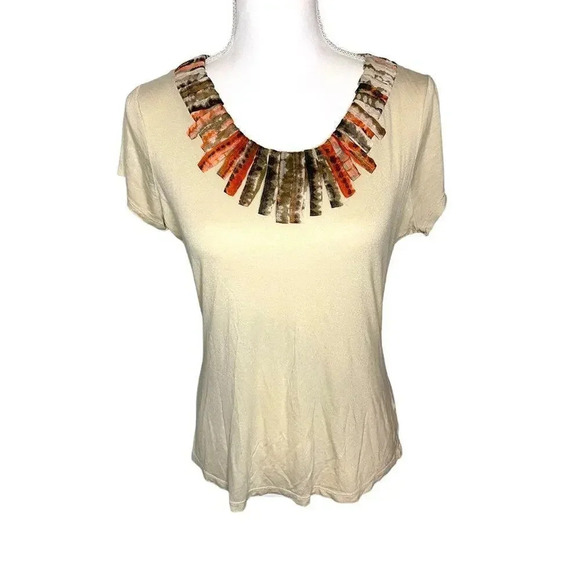 The Limited Women’s Large Short Sleeved Blouse Tan Multi Colored Ruffled - Picture 1 of 4